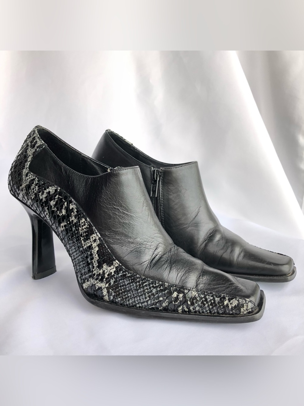 Nando Muzi Y2K Black Leather Snakeskin Embossed Booties Block Heel EU 38 Italy